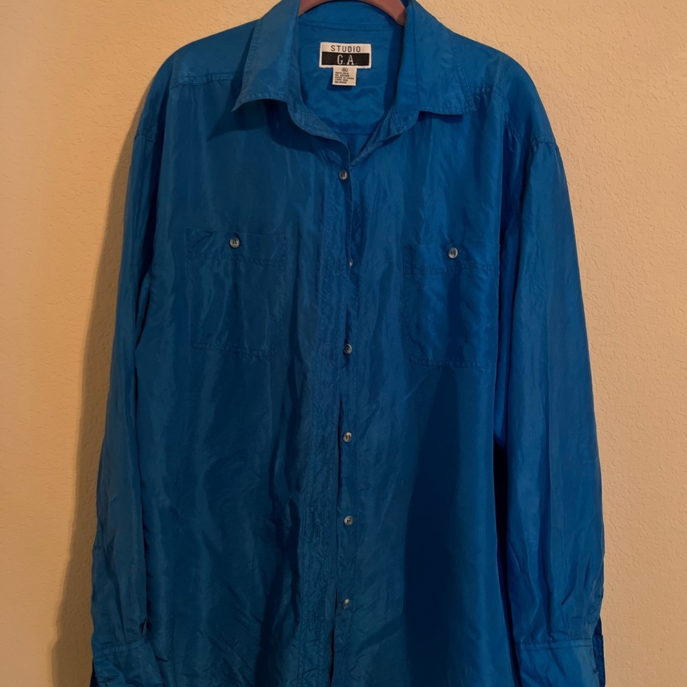 100% silk vintage electric blue button up long sleeve blouse